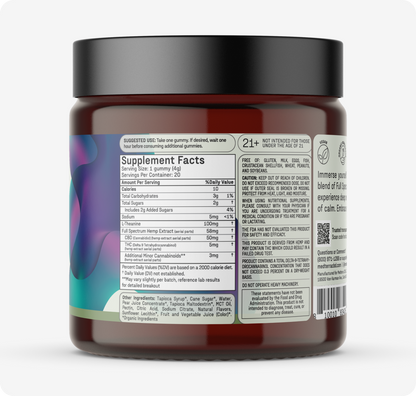 The Mood Gummies Bundle by Medterra comes in a dark amber jar featuring a label with supplement facts, usage instructions, serving size, ingredients, and nutritional info. Suitable for adults 21+, the label also has a colorful design on its side.