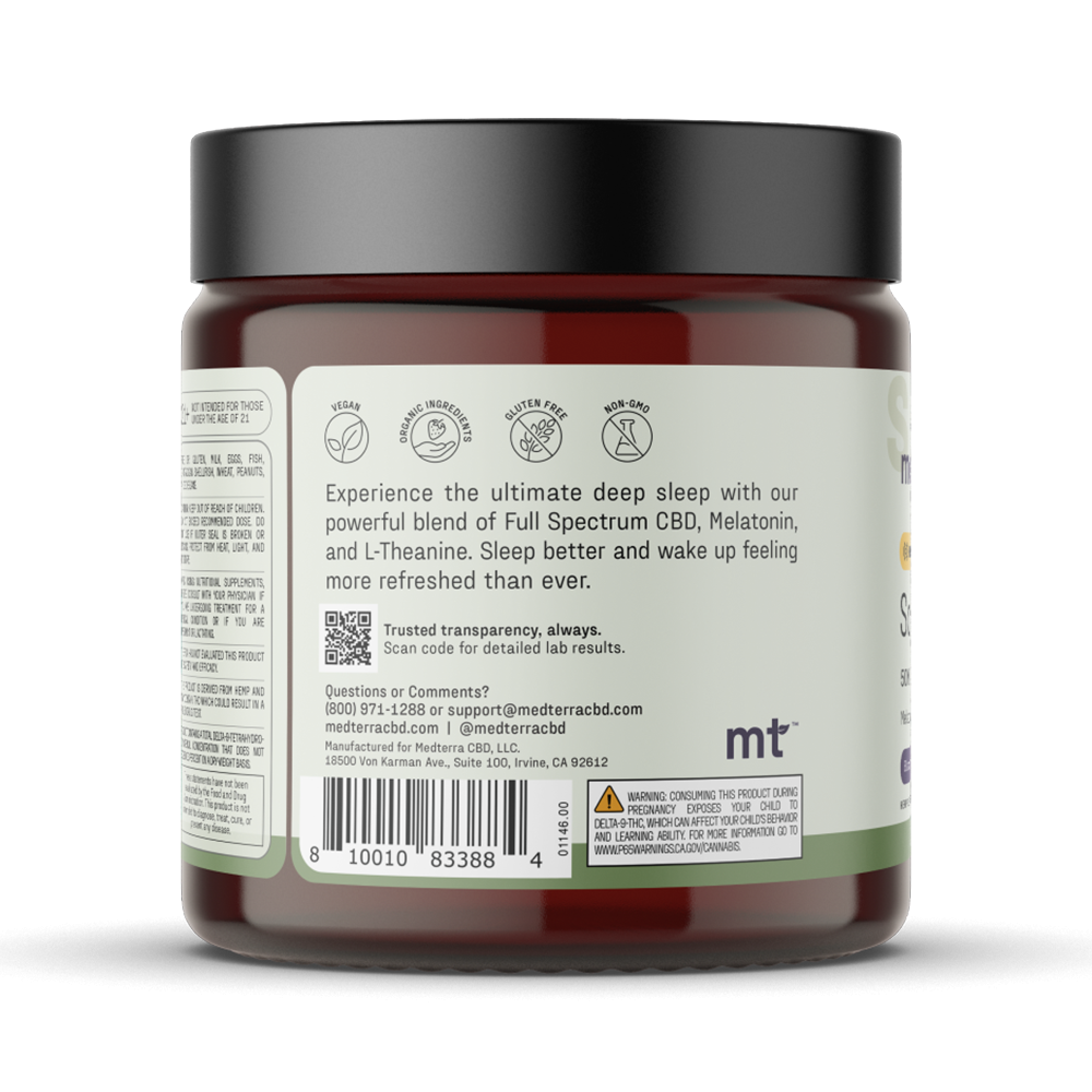 Side view of a container for Medterra's Sound Asleep Gummies [Free]. The label promotes deep sleep benefits using Full Spectrum CBD, melatonin, and L-Theanine—ingredients known as effective sleep aids. Icons indicate the product is pesticide-free, non-GMO, and lab-tested. Contact and support info are present.