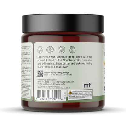 Side view of a container for Medterra's Sound Asleep Gummies [Free]. The label promotes deep sleep benefits using Full Spectrum CBD, melatonin, and L-Theanine—ingredients known as effective sleep aids. Icons indicate the product is pesticide-free, non-GMO, and lab-tested. Contact and support info are present.