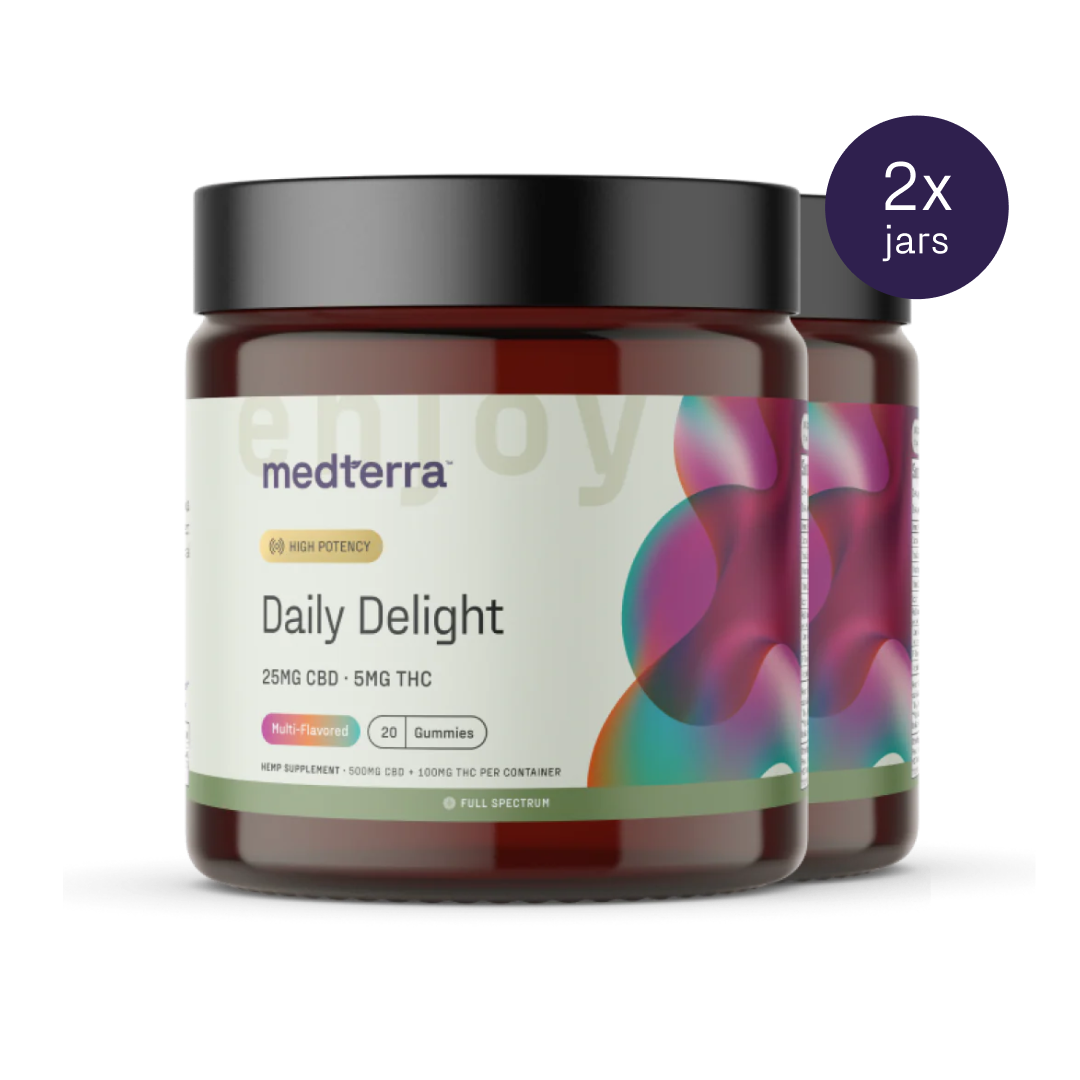 Two jars of Medterra's Daily Delight Gummies are displayed, each containing wellness gummies with 25mg of CBD and 5mg of THC. The front jar features a colorful design, emphasizing that there are 20 multi-flavored treats per jar. In the upper right corner, a "2x jars" label is visible.