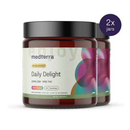 Two jars of Medterra's Daily Delight Gummies are displayed, each containing wellness gummies with 25mg of CBD and 5mg of THC. The front jar features a colorful design, emphasizing that there are 20 multi-flavored treats per jar. In the upper right corner, a "2x jars" label is visible.