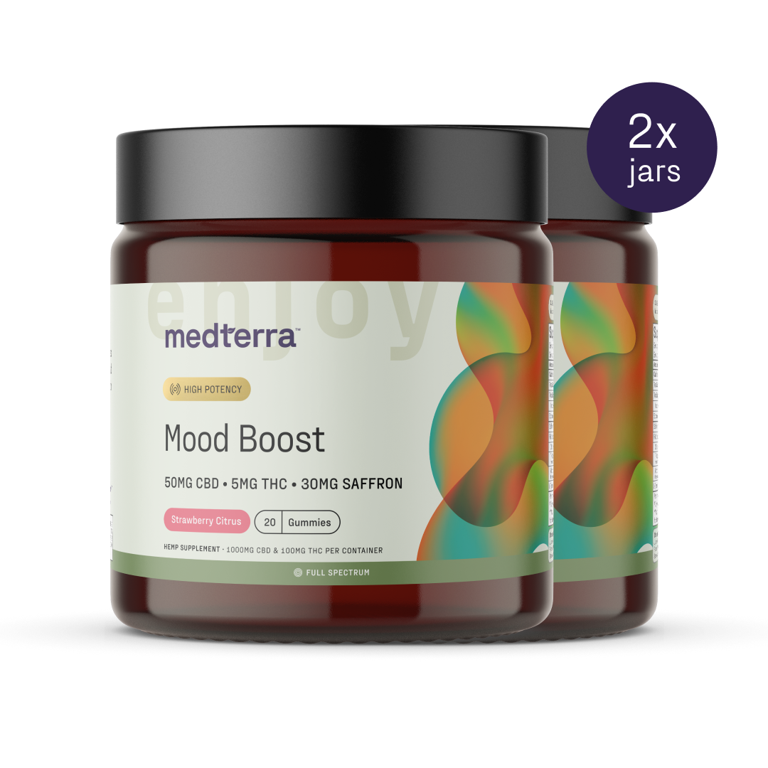 Two jars of Medterra's Mood Boost Gummies, each featuring colorful abstract designs. These jars contain 20 strawberry citrus-flavored gummies, delivering 50mg CBD, 5mg THC, and 30mg saffron per serving. A small circular label proudly displays "2x jars.