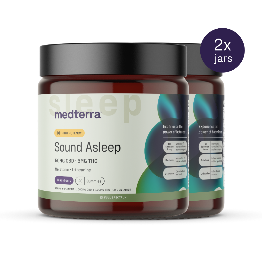 Two jars of Medterra Sound Asleep Gummies are visible, labeled "50mg CBD • 5mg THC". The jars feature a "High Potency" badge and contain blackberry-flavored sleep aids with melatonin and L-theanine. A "2x jars" sticker is on the right jar.