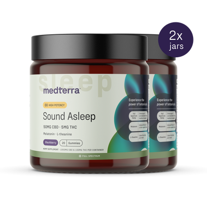 Two jars of Medterra Sound Asleep Gummies are visible, labeled "50mg CBD • 5mg THC". The jars feature a "High Potency" badge and contain blackberry-flavored sleep aids with melatonin and L-theanine. A "2x jars" sticker is on the right jar.