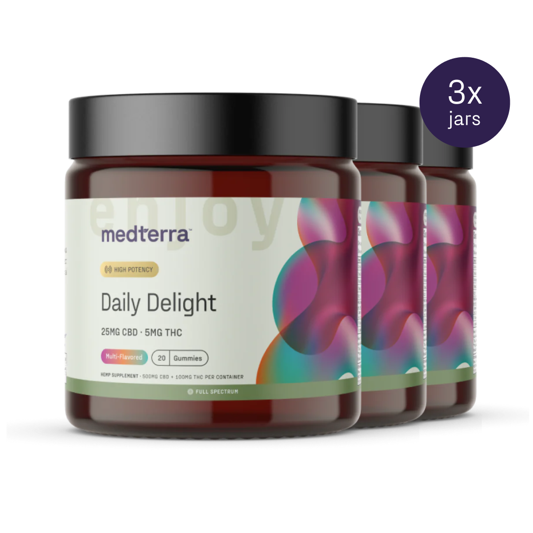 Image of three jars of Medterra's "Daily Delight Gummies," each containing 20 multi-flavored CBD and THC gummies with 25mg CBD and 5mg THC. The jars feature black lids and labels adorned with colorful, overlapping circles. A "3x jars" label is positioned in the top right corner.