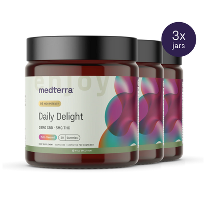 Image of three jars of Medterra's "Daily Delight Gummies," each containing 20 multi-flavored CBD and THC gummies with 25mg CBD and 5mg THC. The jars feature black lids and labels adorned with colorful, overlapping circles. A "3x jars" label is positioned in the top right corner.