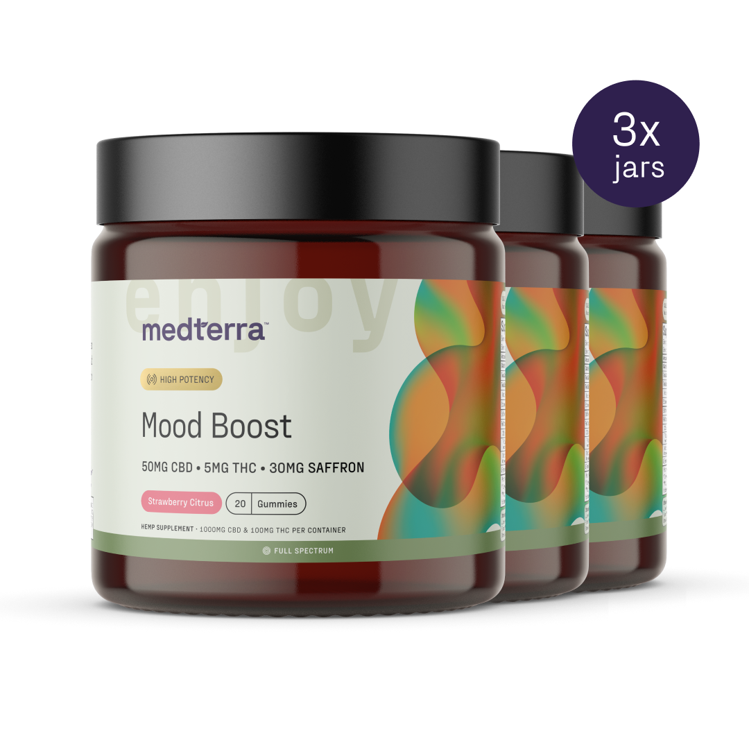 Image of three jars of Medterra Mood Boost Gummies, each containing 50mg CBD, 5mg THC, and 30mg saffron in a delicious strawberry citrus flavor. The label emphasizes "High Potency" and "Full Spectrum," with each jar offering 20 gummies designed to enhance your mood.