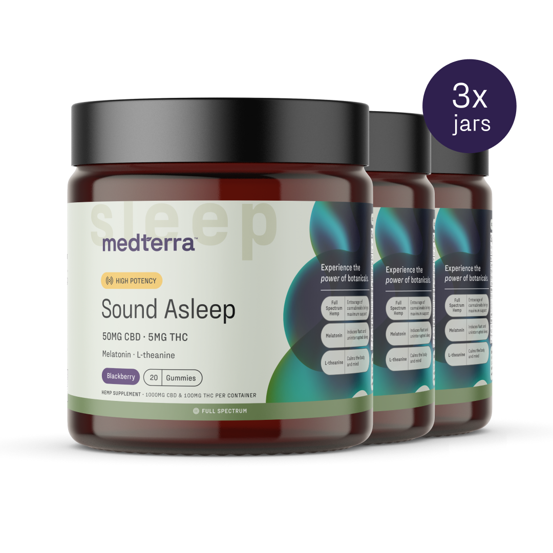 Image displaying three jars of Medterra Sound Asleep Gummies. Labels read "50mg CBD - 5mg THC," "Melatonin - L-theanine," and "Blackberry." Each jar contains 20 gummies. The text specifies "3x jars." The design emphasizes a sleep aids theme, perfect for restful nights.