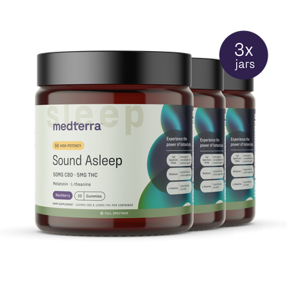 Image displaying three jars of Medterra Sound Asleep Gummies. Labels read "50mg CBD - 5mg THC," "Melatonin - L-theanine," and "Blackberry." Each jar contains 20 gummies. The text specifies "3x jars." The design emphasizes a sleep aids theme, perfect for restful nights.