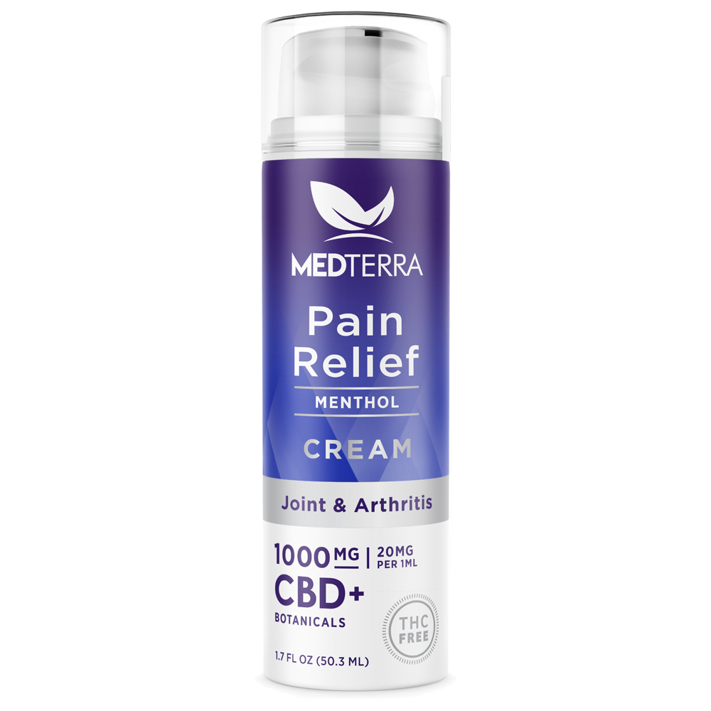 A white and purple bottle of Medterra CBD Pain Relief Cream [Top 10] for arthritis and joint pain. The label mentions it contains 1000 mg of CBD+ botanicals, Menthol, and Arnica, and is THC-free. The bottle has a pump dispenser and contains 1.7 fl oz (50.3 mL).