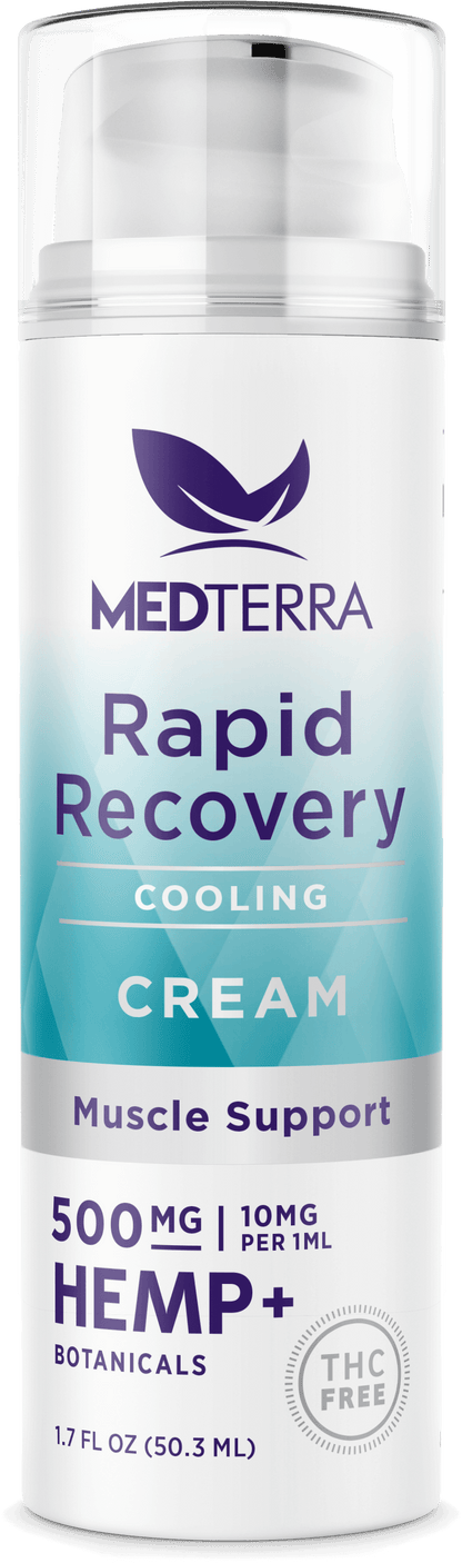 A cylindrical bottle of Medterra CBD Rapid Recovery Cream is displayed. The label emphasizes its support for joints and muscles, featuring 500 mg of hemp and botanicals that deliver 10 mg per 1 ml. The white and light blue design signifies that it is THC-free, containing a total of 1.7 fluid ounces (50.3 ml).