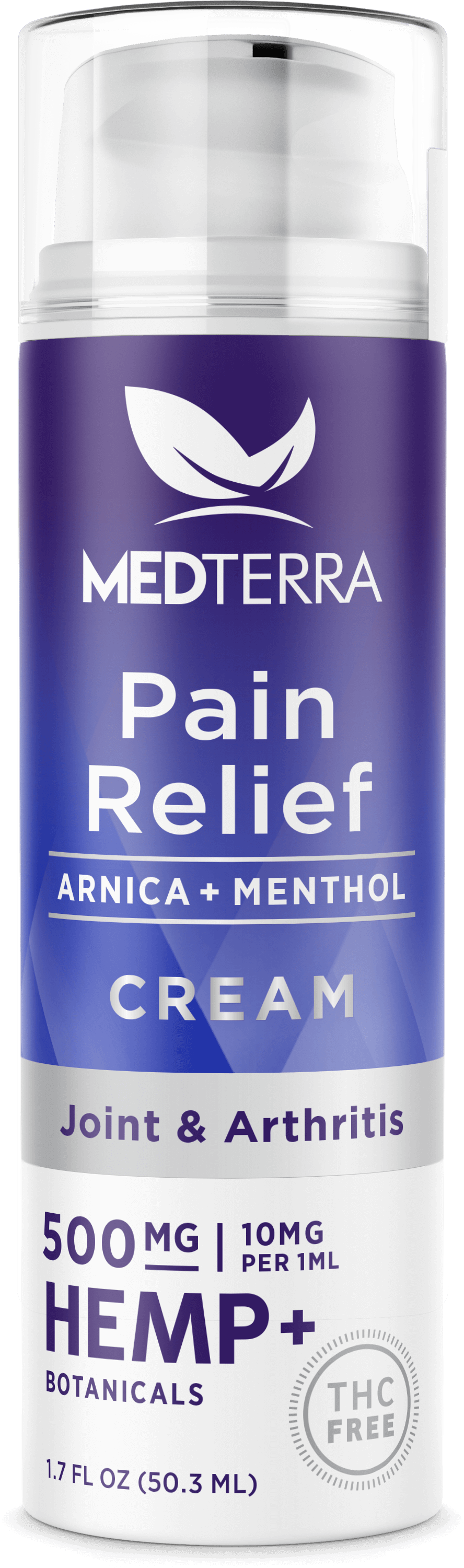 A bottle of Medterra CBD Pain Relief Cream with Menthol and Arnica, designed to alleviate arthritis and joint pain, highlights 500mg of hemp per 1.7 fl oz (50.3 ml) on the label. This THC-free product is enriched with botanicals for effective relief.