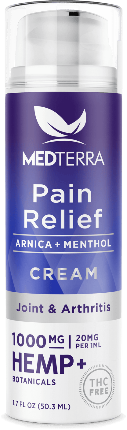 A cylindrical bottle of Medterra CBD Pain Relief Cream with a purple and white label, designed for arthritis and joint pain. Infused with Menthol and Arnica, it contains 1000 mg of hemp (20 mg per 1 ml), providing effective relief in a compact, THC-free 1.7 fl oz (50.3 ml) size.