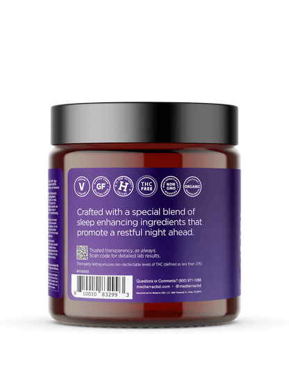 A jar of Sleep Tight Gummies by Medterra CBD with a purple label displaying icons for vegan, gluten-free, and other certifications. Text reads: "Crafted with a special blend of natural sleep enhancers that promote a restful night ahead." Contact information and a barcode are seen at the bottom.