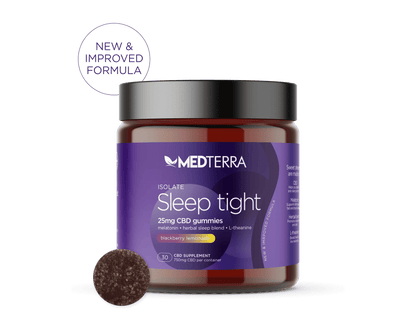 A jar of Medterra CBD's Sleep Tight Gummies [Top 10] isolate CBD gummies is displayed with one gummy visible in front. The label indicates the flavor is blackberry lemonade, and the gummies contain 25mg of premium CBD each. The jar contains 30 gummies and touts a new and improved formula for natural sleep enhancers.