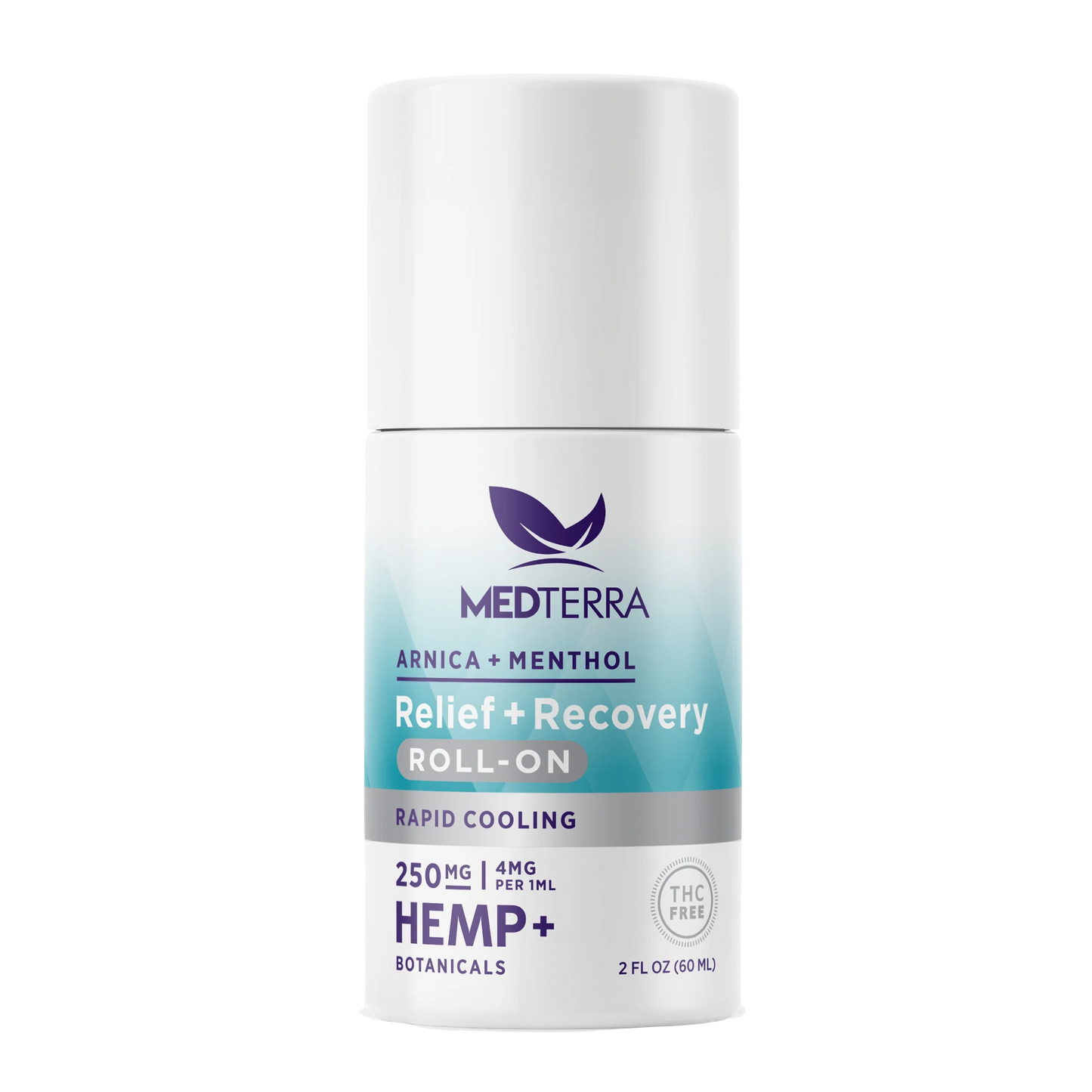 The Medterra CBD Rapid Recovery Roll-On features 250 mg of hemp, along with arnica and menthol for rapid cooling and support for joints and muscles. The white bottle with purple and teal accents is THC-free and contains 2 fluid ounces (60 ml).