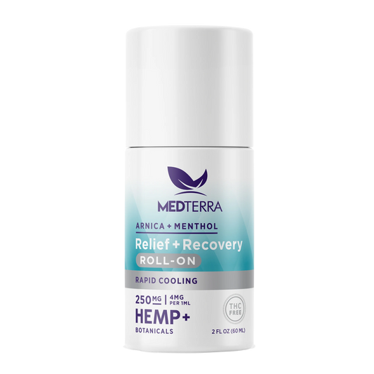 The Medterra CBD Rapid Recovery Roll-On features 250 mg of hemp, along with arnica and menthol for rapid cooling and support for joints and muscles. The white bottle with purple and teal accents is THC-free and contains 2 fluid ounces (60 ml).