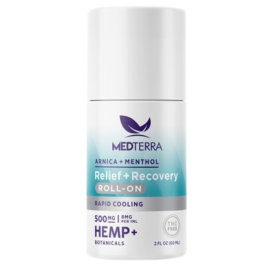 The Medterra CBD Rapid Recovery Roll On, featuring a white bottle with a purple leaf logo, contains arnica, menthol, and hemp cream. It provides rapid cooling relief for joint and muscle support with 500 mg of hemp per 60 ml and is clearly labeled as THC-free.