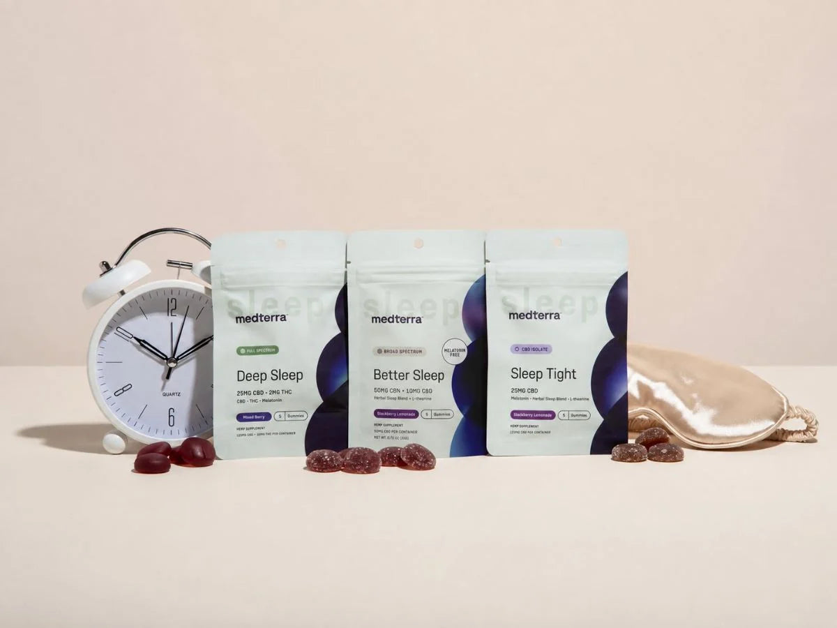 Deep Sleep, Better Sleep and Sleep Tight gummy pouches with an alarm clock, eye mask and loose gummies